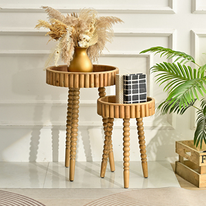 Home Living Room Accent <b>Round</b> Storage Tray Wood <b>Coffee</b> <b>Table</b> with Turned Leg - Product Image 3