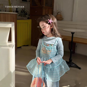 Girls Round Set Layered Mesh Suspender Dress With Base Layer And Jeans Breathable Mid Waist For Spring Summer - Product Image 1