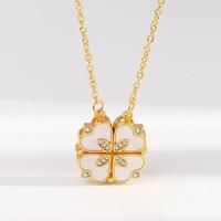 Kalung Liontin Hati CZ Berlapis Emas 18k 2-in-1 Lipat dengan Cangkang Mutiara dan Magnet Berbentuk Semanggi Berdaun Empat, Perhiasan Keberuntungan untuk Wanita