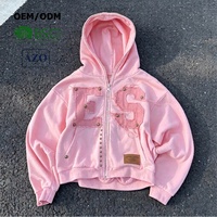 OEM Premium 100% Baumwolle Streetwear Schwergewicht Reißverschluss-Hoodie Distressed Ausgefranstes Applikations-Logo Übergroßer Vintage Herren Boxy Hoodie