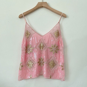 Hot Same Summer Female Heavy Industry Sequin Studs <strong>Sparkly</strong> Sexy Beading Tank <strong>Top</strong> Women's V-neck Short <strong>Vest</strong> - Product Image 5