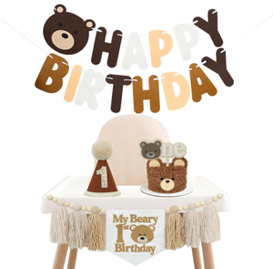 Décorations pour fête prénatale et <span class=keywords><strong>1er</strong></span> anniversaire sur le thème de l'ours : Bannière vintage suspendue, drapeaux pour <span class=keywords><strong>chaise</strong></span> haute, guirlande de pompons, chapeau 'UN' et décorations de gâteau 'Cupcake' - Product Image 2