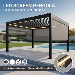 Pergola moderne <span class=keywords><strong>en</strong></span> aluminium avec écran coupe-vent électrique et bande lumineuse LED intégrée pour patio, terrasse, salon ou gazebo dans la cour. - Product Image 1