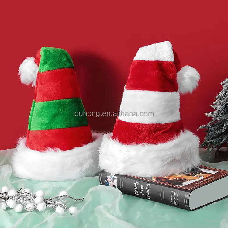 2022 New Design Red Green Stripe Soft Plush Christmas Santa Hat For Adult