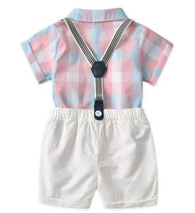 Summer Kids Boy Overalls Clothes Sets Short Sleeve Baby Plaid Shirt 3 Pieces With <b>Tie</b> Gentlemen Clothing Suit Custom Logo - Product Image 4