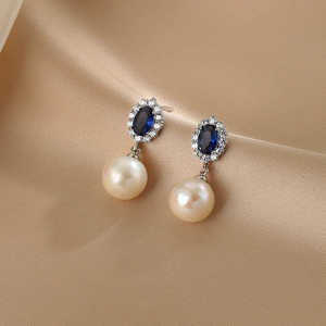 WENCHI ต่างหูหยดน้ำประดับเพทายสีน้ำเงินและมุกธรรมชาติ เครื่องประดับแฟชั่นสุดหรู - Product Image 1