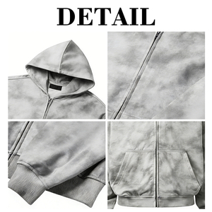 Custom Breathable Cotton Dirty Washed Zip Up Hoodie Hip Hop Design Men's <b>Rhinestone</b> Hood <b>Jacket</b> Wholesale - Product Image 6