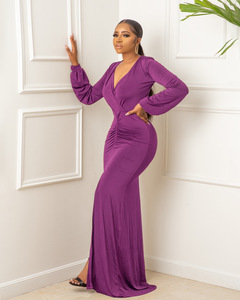 Robes pour femmes de <span class=keywords><strong>grande</strong></span> taille Robes de soirée élégantes fendues à manches longues et col en V pour femmes Robe de soirée - Product Image 4