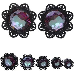 Tím Zircon Đen Hollow Flower Nút Tai Thịt Đường Hầm Đồng Hồ Đo Mở Rộng 316L Phẫu Thuật Thép Không Gỉ Piercing Trang Sức