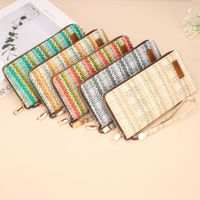 Dompet Wanita Kulit PU Lapis Elektroplating Motif Garis Tenun Vintage, Banyak Slot Kartu, Kapasitas Besar, Tali Pergelangan Tangan, Resleting, Dompet Panjang