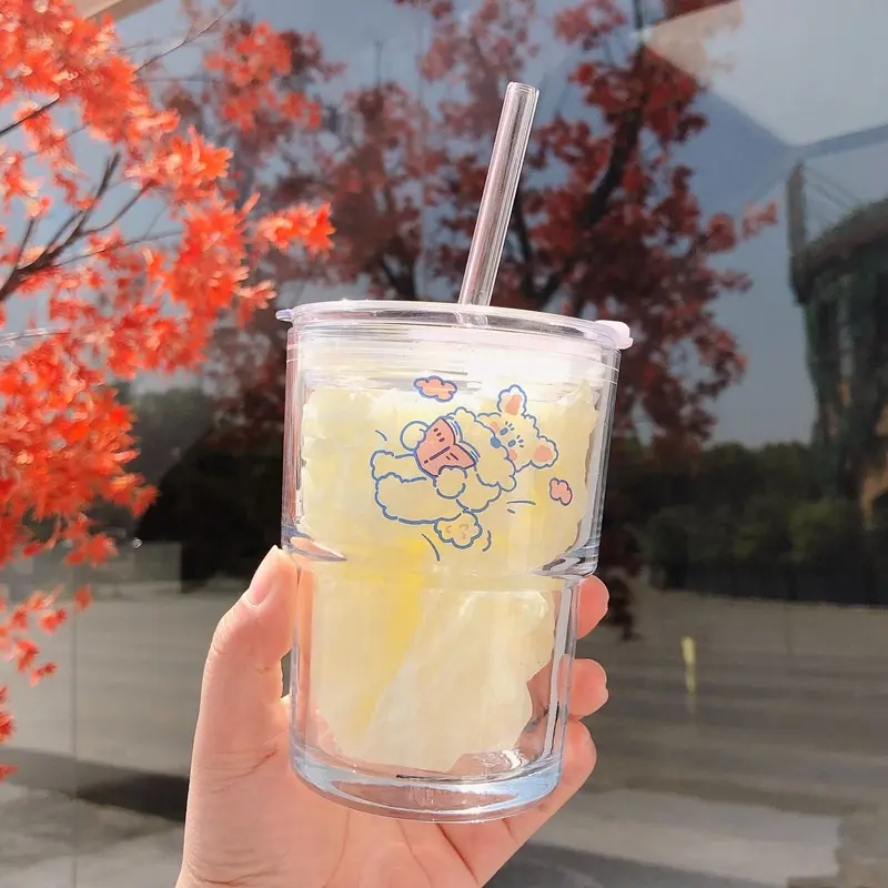UCHOME 한국어 ins 만화 유리 짚 주스 컵