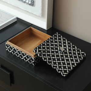 Flolenco Luxury Small Wooden <strong>Jewelry</strong> <strong>Box</strong> <strong>Decorative</strong> White Black Pattern with Cross-Shaped Ox Horn Bone Inlay Rectangle Shape - Product Image 2