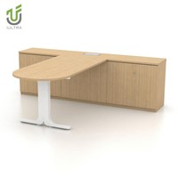 Bureau de direction modulaire en forme de T avec rangement intégré, armoire credenza et plateau de table en D arrondi, écologique