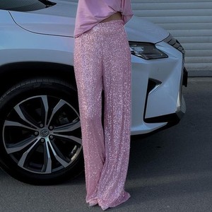 Pantalon droit à paillettes pour femme, nouveau modèle, taille haute, couleur unie, pour soirées, tenues de fête, mode streetwear, noir - Product Image 1