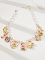 Bunga hati mata Faux manik mutiara sepatu bot Enamel trendi multi-pesona kalung pernyataan dengan liontin kelopak jenis rantai