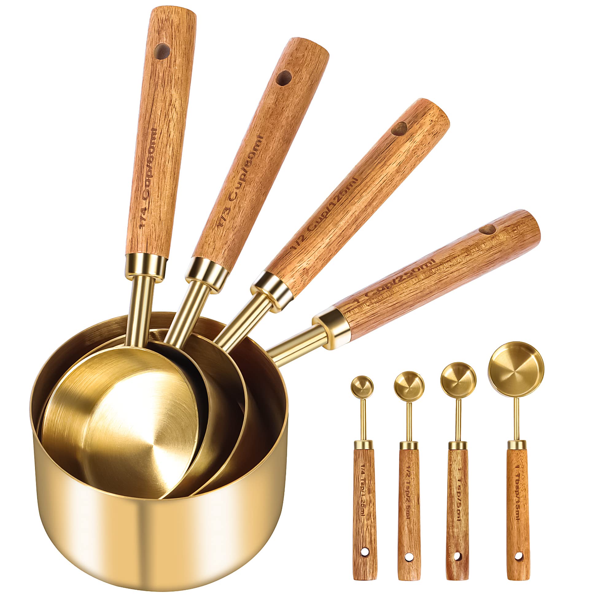 Hot Sale Keukengereedschap 8-delig Acaciahout Handvat Goud Maatbekers Set Lepels Met Geurige Houten Handvatten