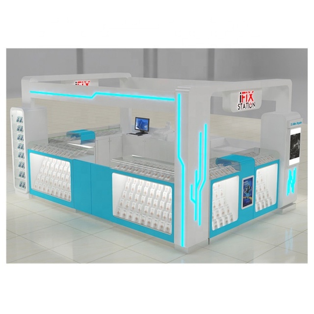Myidea Modern Mobile Phone Retail Kiosk with MDF & Tempered Glass 10x15ft Customizable Size for Shopping Mall