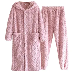 Winter Couple Sleeping Robe Pajamas Suit Long Thick Pajamas Two-piece Long-sleeved Trousers Hooded Men Women Home Wear Sleepwear