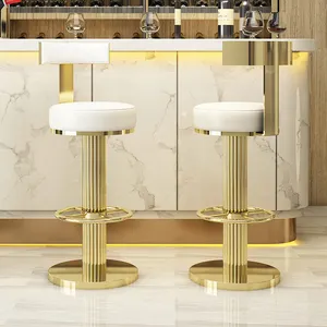 Modern İskandinav lüks restoran rahat cafe yüksek sandalye döner sayaç yuvarlak PU deri altın metal bar sandalyeler için mutfak