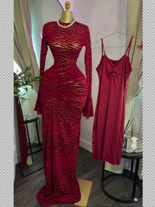 2026 Printed Long-Sleeved Ruffled Sexy Sheer Dress Set of 2 Including Undergarment - Product Image 2