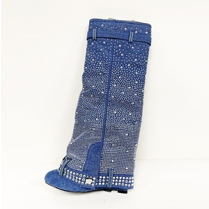 Bottes de mode 2025 pour femmes, style cowboy, bleues, à talon compensé, ornées de strass, avec boucle métallique, pointures 34-43 - Product Image 6