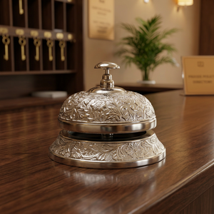 Silver Plated Stainless Steel Antique Desk Bell Floral Embossing <b>Circular</b> Design Tableware Reception Counter Service Bell - Product Image 2