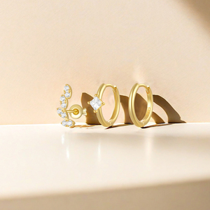 CANNER Vente en gros – Nouveauté : Ensemble de 3 boucles d'oreilles simples en argent sterling 925 avec zircon cubique 5A, comprenant des créoles et des puces, pour femme - Product Image 3