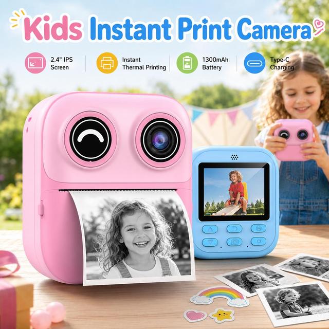 Kids Thermal Printer Camera Instant Print Camera for Kids 48MP HD Digital Camera 2.4 IPS Screen Inkless Photo Printer Gift Toy