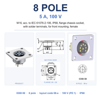 Soket Konektor Penerbangan M16 8 Kutub IP68 Tahan Air Terminal Solder Pemasangan Chassis 5A 100V 0308 08 Konektor Bulat, Siap Kirim