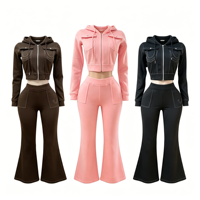Ensemble de survêtement 2 pièces pour femme avec veste courte zippée à capuche et pantalon évasé taille haute, style décontracté et contrastant