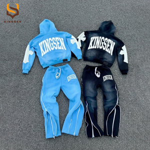 Ensemble sweat à capuche et pantalon de jogging décontracté pour homme, style streetwear hiver personnalisé, avec appliques brodées et patchwork vieilli, 100% coton - Product Image 1