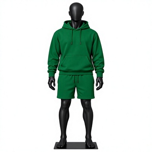 Men's Green Hooded <b>Fleece</b> <b>Sweatshirt</b> And Shorts Set Casual Summer Wear Solid Color Knitted Fabric - Product Image 1