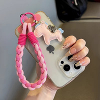 Dragonne de téléphone en corde torsadée en nylon color block, tendance, avec breloque de sac motif cheval, dragonne tressée, anneau détachable, porte-clés anti-perte motif poney