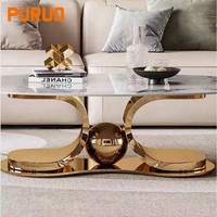 Ensemble de tables basses gigognes d'usine de Foshan, coins arrondis, plateau ovale en marbre synthétique, pieds en grain de bois, support d'angle doré, tables basses en acier inoxydable