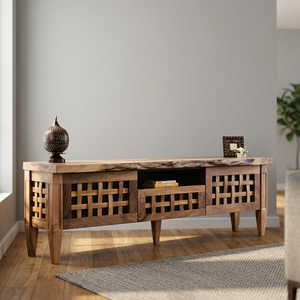 Meuble TV moderne en bois massif finition noyer, console avec motif en treillis, armoire de rangement au sol pour salon - Product Image 2