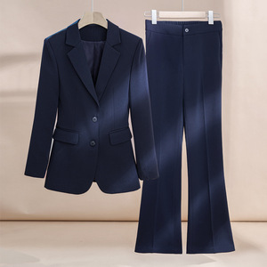 Women's Navy Blue Suit Set Polyester Worsted Full Sleeve Anti-Wrinkle Elegant Spring Workwear Formal Outfit - Product Image 3