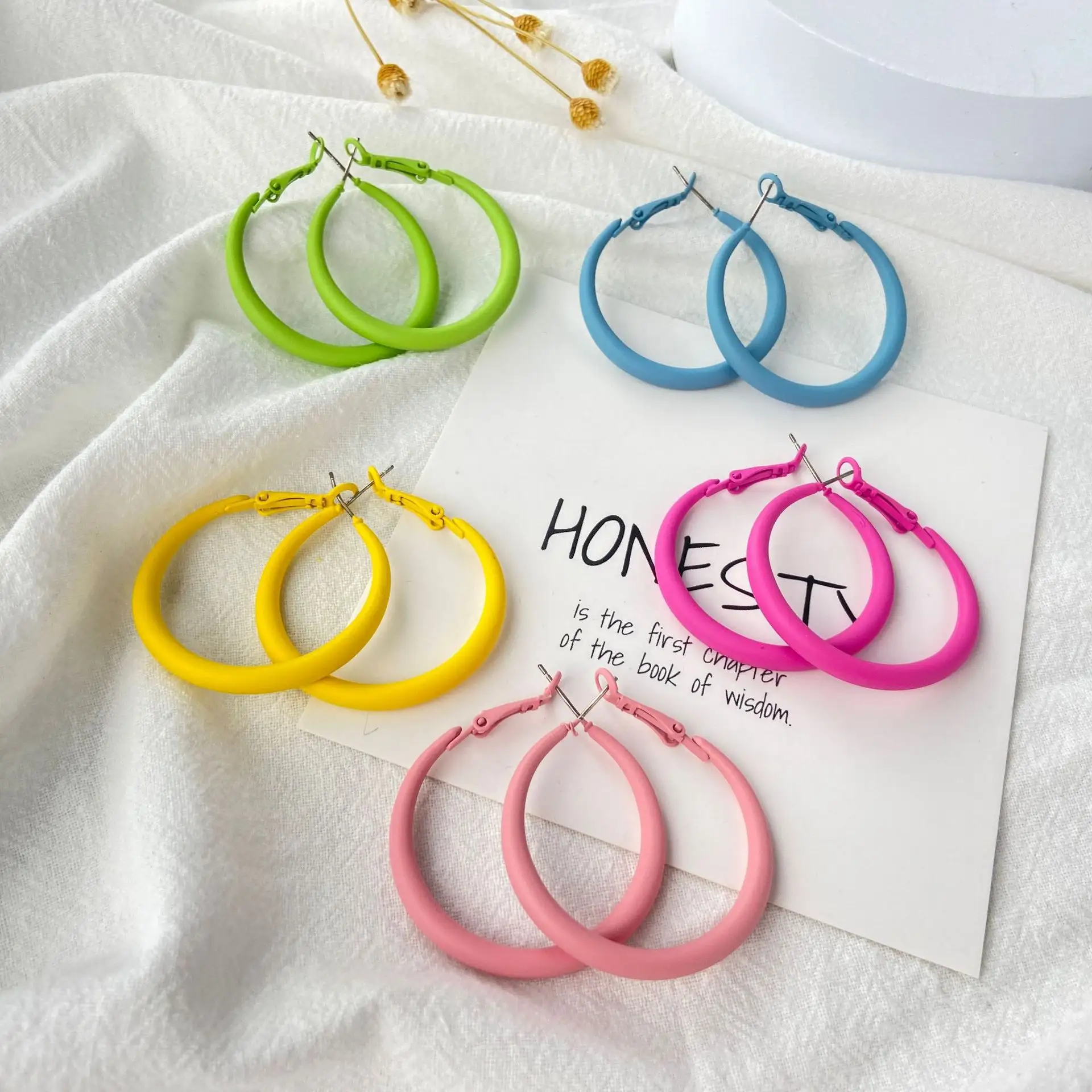 5cm Candy Colors Hoop Earrings Alloy Matte Oversize Round Earrings Women Vintage Accessories Charms Jewelry