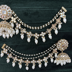 Women's Ear Wear <b>Accessories</b> -Silver Plated Multi Color Jhumka Pair With Hair Chain Stranded Earings OEM - Product Image 1