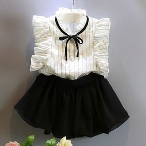 Vestidos de Verano Casuales para Niñas, sin Mangas, con Estampado de Rayas y Encaje, Trajes Negros para Niñas, Venta al Por Mayor - Product Image 1