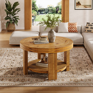 Table basse ronde Tribesigns à 2 niveaux en bois massif, marron naturel avec anneau annuel, table d'appoint de style farmhouse pour salon - Product Image 4