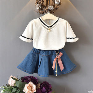 Ventes en gros de t-shirts à manches courtes pour enfants avec bordure en dentelle, jupe en jean, ensembles de vêtements pour bébés filles, vêtements pour enfants - Product Image 1