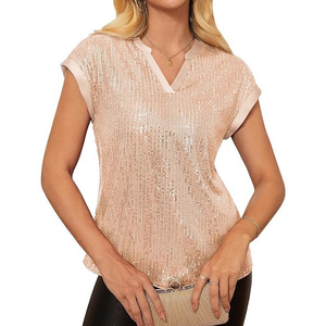 Haut à manches courtes à col en V pour femmes, orné de paillettes, couleur unie, polyester, tenue de soirée, or, blanc, noir, argent, bleu - Product Image 1