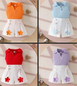 2025 European and <strong>American</strong> Girls Casual Set V-Neck Sleeveless Pit Top with White Applique Shorts Lapel Pants <strong>Style</strong>