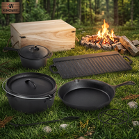Ensemble de 7 casseroles en fonte pré-assaisonnées pour barbecue, camping et extérieur, avec boîte en bois