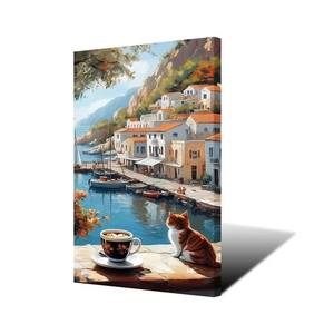 Stampa su tela con paesaggio <span class=keywords><strong>di</strong></span> un villaggio costiero impressionista, immagine vibrante per decorare le pareti del soggiorno - Product Image 3