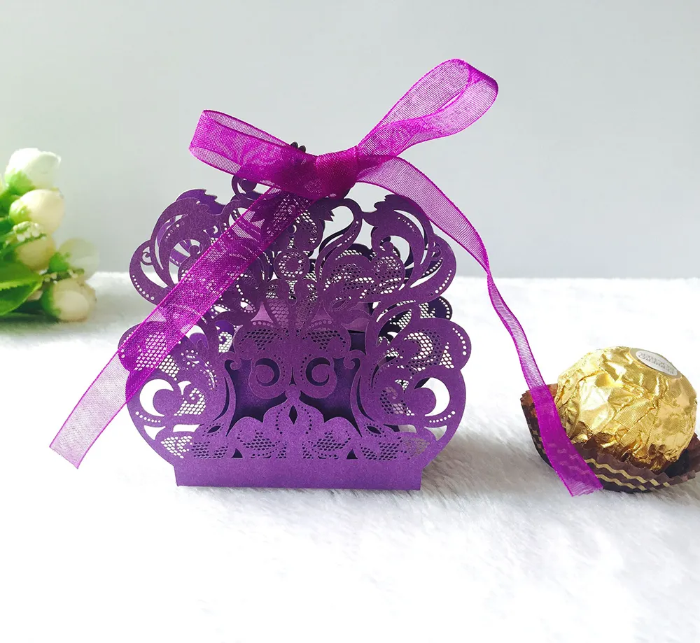 Wholesale White Pink Purple Lace Sweet Candy Box Wedding Favors Gift Bride and Groom Chocolate Bag