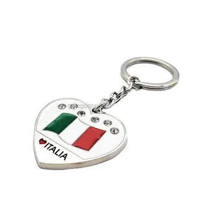 Factory Quality Souvenirs Custom Metal Keyrings with Crystal Decor Italia Heart Shape Key Chain
