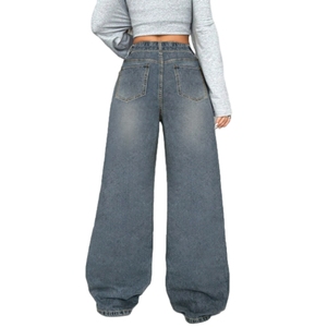 Jeans Casuales de Pierna Ancha para Mujer, Diseño Moderno con Agujeros, Botones Diagonales, Tela Vaquera con Logotipo en la Cintura - Product Image 3