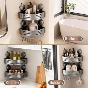 Porte-accessoires de douche à ventouse d'angle (lot de 2 gris), <span class=keywords><strong>étagère</strong></span> de douche en <span class=keywords><strong>aluminium</strong></span> sans perçage avec barre porte-serviettes et crochets, organisateur de rangement de <span class=keywords><strong>cuisine</strong></span> - Product Image 6