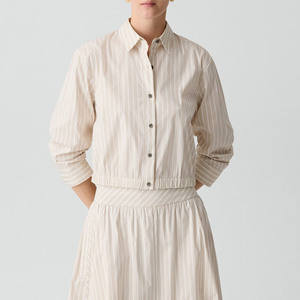Chemise boutonnée rayée pour femme, manches trois-quarts, en popeline, style minimaliste, coupe classique, toutes saisons - Product Image 1